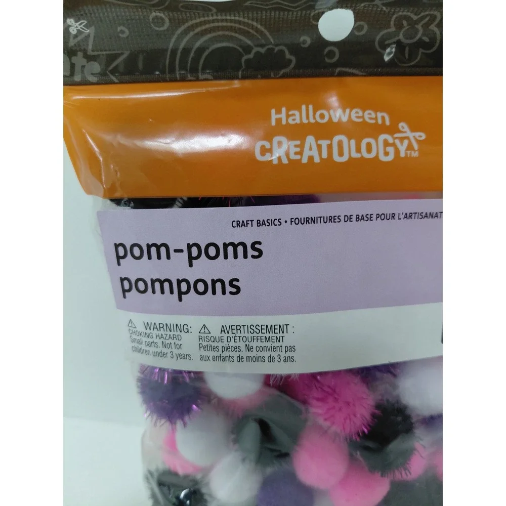 Halloween Creatology Pom-Poms 80 Piece Craft Basics Purple Pink White Black NIP